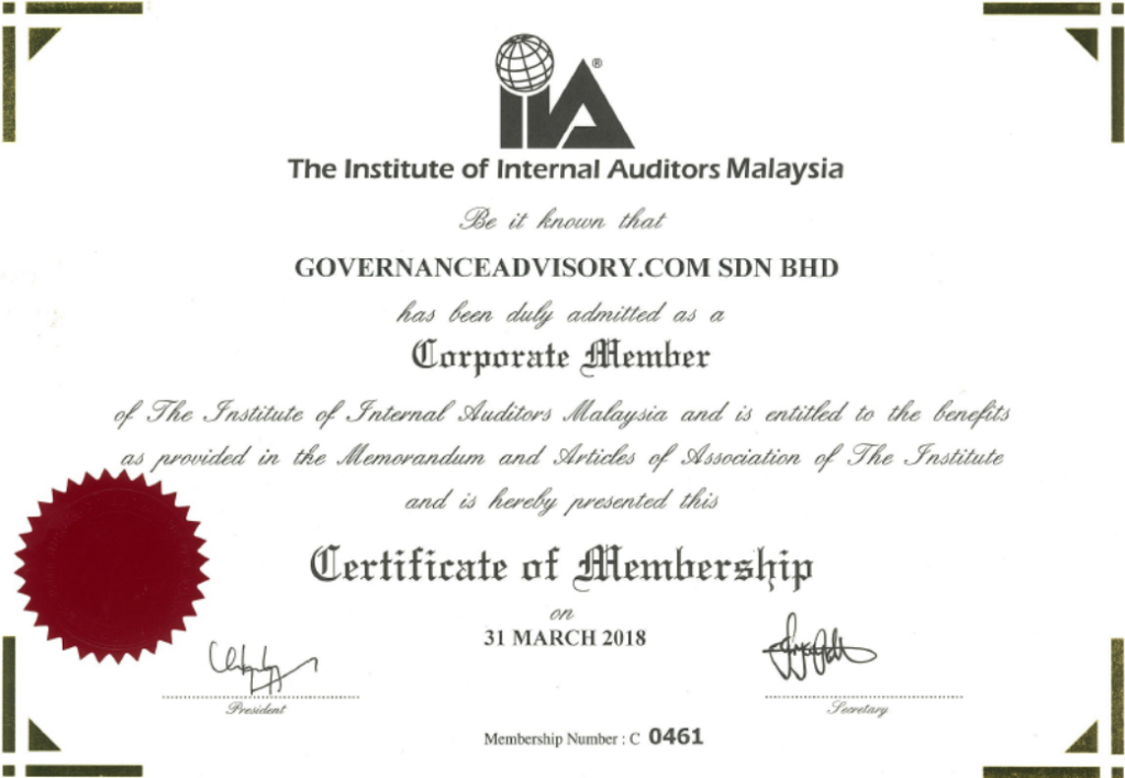 Certificate of membership of The Institute of Internal Auditors Malaysia